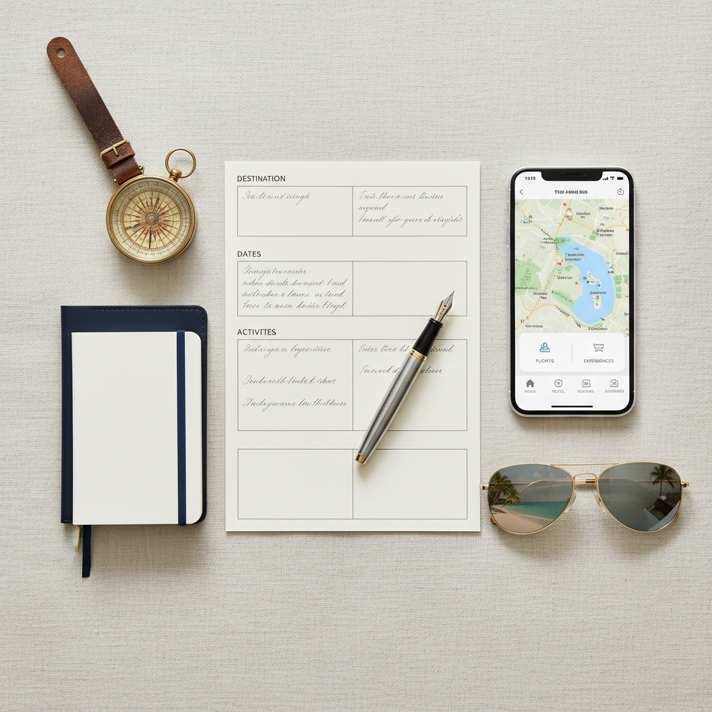 An elegant flat lay of curated travel planning essentials arranged on a light linen surface, including a vintage-style compass, a high-end fountain pen resting on a structured itinerary template, a smartphone showing a customized trip-planning app, and a pair of aviator sunglasses reflecting a tiny tropical shoreline. Nearby, a slim, navy-blue passport holder and a small, minimalist notebook are stacked with precision. Soft overhead studio lighting creates even illumination with subtle shadows defining each object. The photographic composition follows the rule of thirds with sharp focus throughout, giving a crisp, professional, experience-first mood that emphasizes intentional planning and tailored journeys rather than generic vacations.