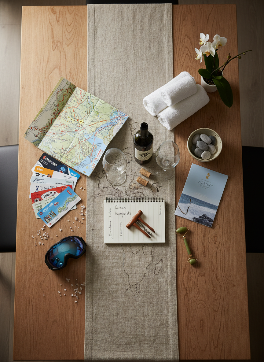A dramatic overhead photographic view of a large wooden table divided into distinct experiential travel themes, all without any people. One section features artfully arranged ski passes, a folded trail map, and sleek black ski goggles; another showcases wine tasting notes, a corkscrew, and a deep green glass bottle; a third displays spa elements like rolled white towels and a jade roller alongside a retreat brochure. Neutral background props tie the sections together, such as a minimalist world map runner beneath everything. Soft, diffused side lighting enhances textures and subtle shadows. Sharp focus across the scene emphasizes the variety of experiences, conveying a strategic, professional approach to designing trips around desired feelings and activities rather than generic destinations.
