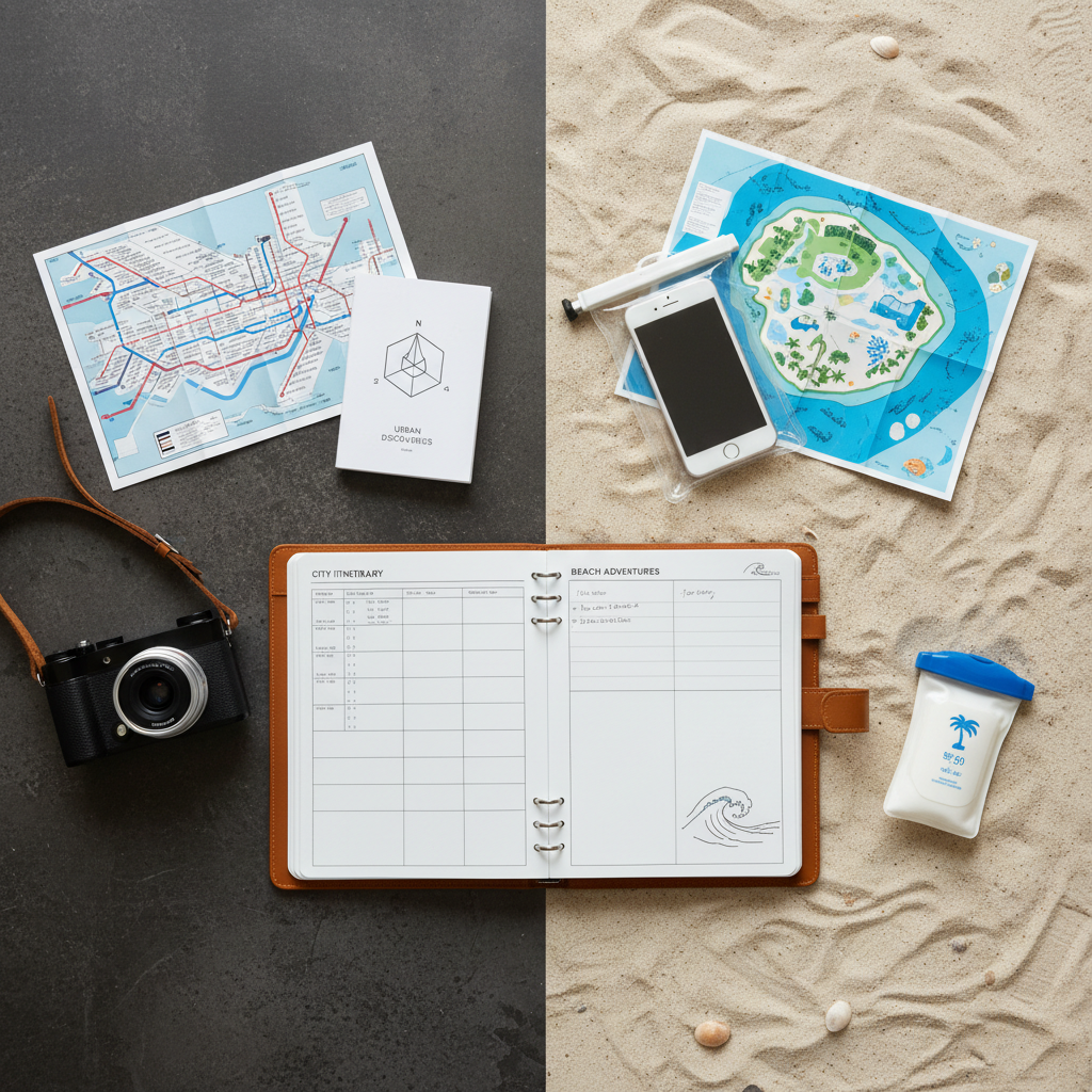 A split-layout photographic scene featuring two contrasting travel experiences on a single, seamless surface: on the left, a carefully organized city exploration plan with a printed subway map, minimalist city guide, and sleek camera; on the right, an adventure-focused beach escape plan with a folded snorkeling map, waterproof pouch, and a small bottle of sunscreen. The central visual divider is a slim leather planner opened across both sides, symbolizing control over diverse experiences. Diffused studio lighting creates even, shadow-soft illumination, emphasizing textures from glossy paper to matte leather. Shot from a perfectly overhead, bird’s-eye view with sharp focus, the mood is professional yet flexible, highlighting how travelers can design their own experiences before choosing destinations.