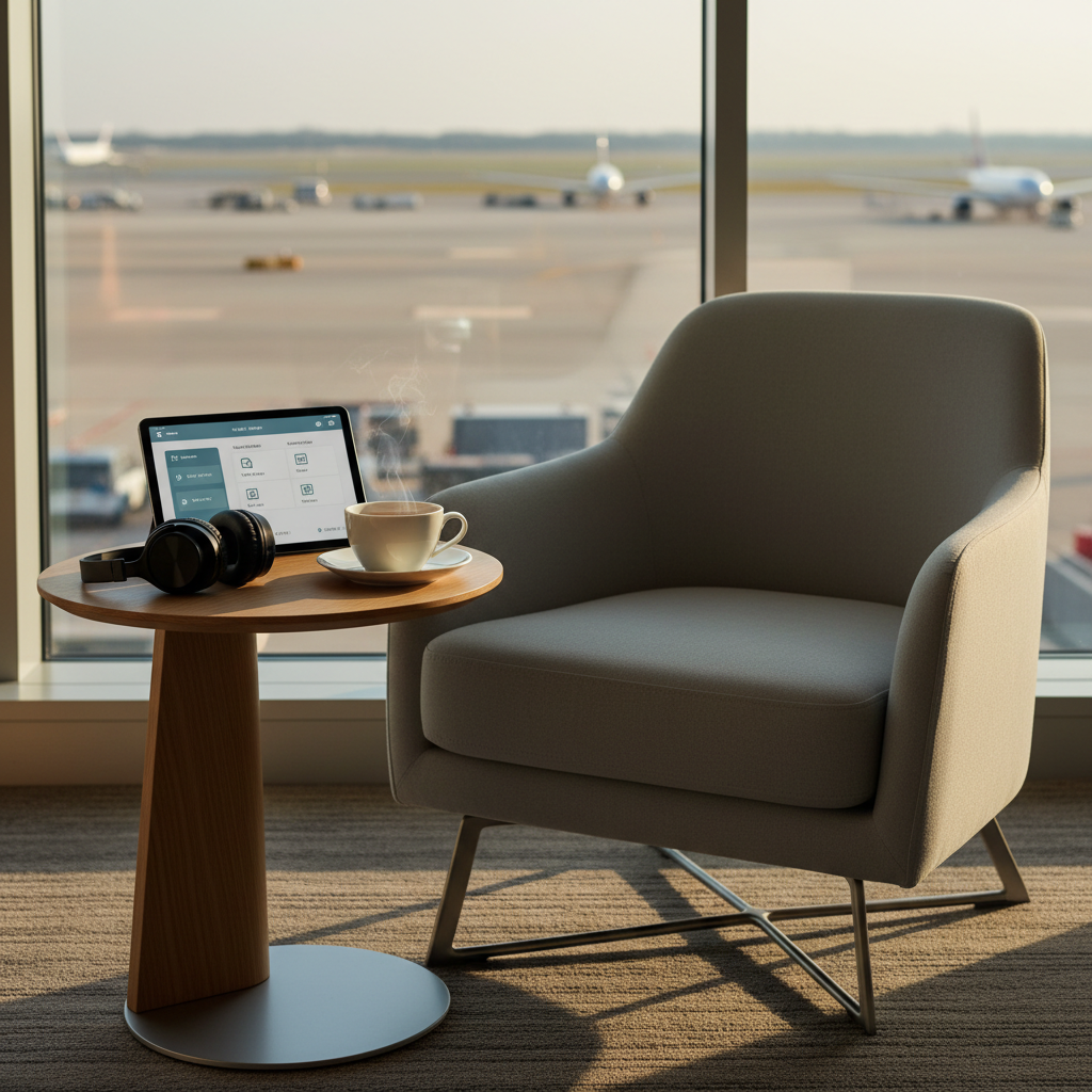 A serene airport lounge corner free of people, with a contemporary armchair upholstered in soft gray fabric beside a small round oak side table. On the table rest a sleek tablet showing a customized travel experience dashboard, a steaming porcelain cup of tea, and noise-canceling headphones, all precisely arranged. Floor-to-ceiling windows reveal a softly blurred runway with aircraft silhouettes bathed in late-afternoon sunlight. The warm natural light streams in, creating gentle highlights on the tablet’s glass and soft shadows along the chair’s curves. Captured at an eye-level angle in photographic realism, with a moderate depth of field that keeps interior items sharp while the runway remains out of focus, the atmosphere conveys calm, control, and effortless, well-planned travel.