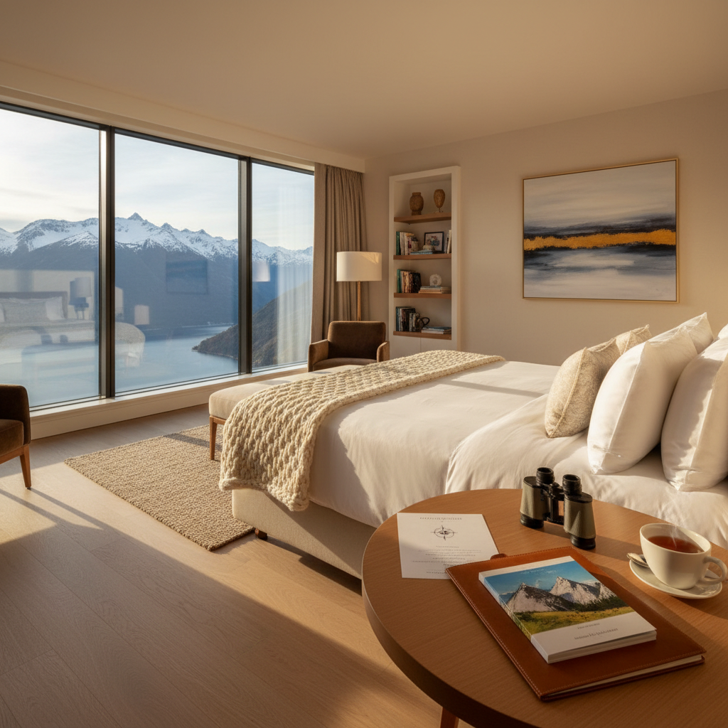A luxurious, sunlit hotel suite interior with no people, styled to emphasize curated experiences: a plush king bed with crisp white linens and a textured throw, a small round table set with a detailed adventure itinerary, a local guidebook, and a pair of binoculars overlooking a panoramic window view of mountains and a lake. Golden hour sunlight pours in through the expansive glass, casting warm, elongated shadows across the room and creating a gentle glow on the neutral-toned walls. Captured from a slightly elevated corner angle in photographic realism, with balanced depth of field to keep both room details and outdoor landscape in focus, the image exudes calm, confident readiness for a thoughtfully planned getaway.